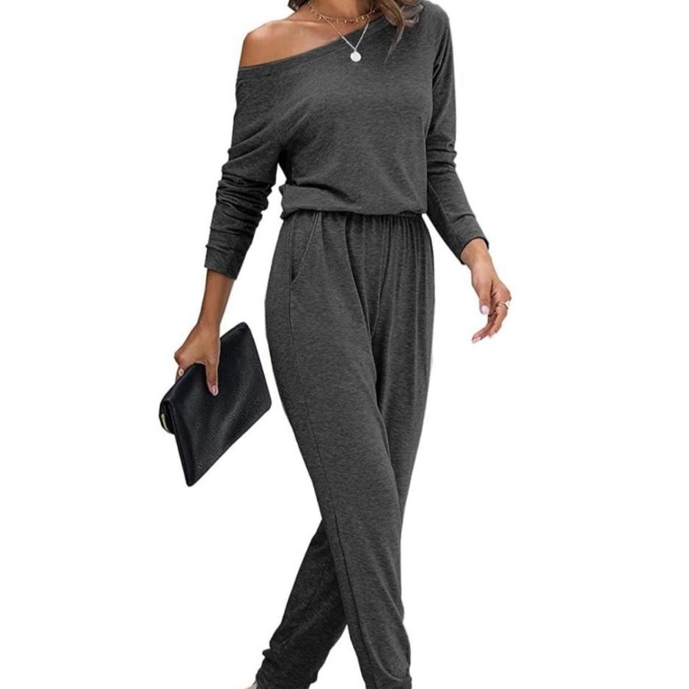 Pretty Garden Women's Grey Drop Shoulder Jumpsuit Romper with Pockets